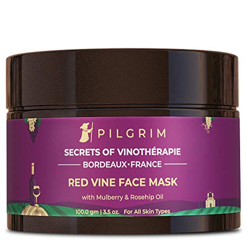 Pilgrim Anti Ageing Red Vine Face Pack & Mask Paste with Mulberry Extracts & Rosehip Oil for Glowing Skin, De-Tan, Dark Spots, Blackheads Removal, 100g