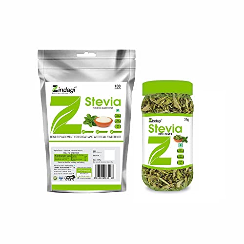 Zindagi Stevia Dry Leaves & Stevia Powder Sachets - Stevia Sugar (Stevia Combo Pack)
