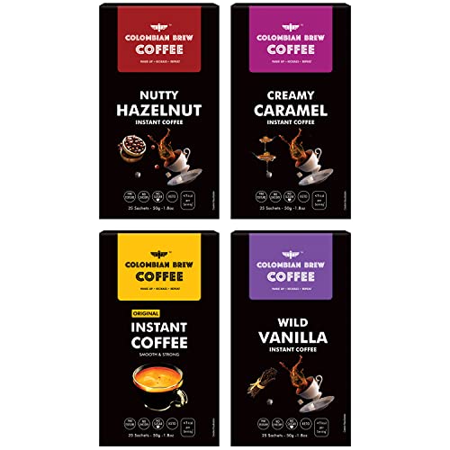 COLOMBIAN BREW COFFEE Hazelnut, Caramel, Vanilla and Pure Instant Coffee Powder, No Sugar Vegan, 4 X 50g