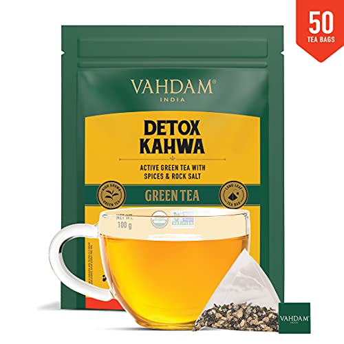VAHDAM, Organic Detox Kahwa Green Tea- 50 Tea Bags (Cough & Cold Relief) | Real Ingredients (Black Pepper, Tulsi, Ginger, Clove, and Green Tea) | Ayurvedic Kahwa for Cold Relief