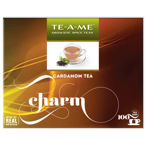 TE-A-ME Charm Cardamom(Elachi) Black Tea, 100 Tea Bags - 100% Natural Ingredients - Black Tea and Real Cardamom | Strong and Flavourful Cardamom(Elachi) Spice Chai