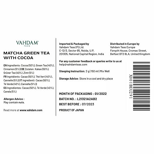 VAHDAM, Cocoa Matcha Green Tea | PURE JAPANESE MATCHA with Rich Cocoa | Delicious Low Calorie Matcha Tea | Keto Friendly, Vegan | Improves Focus & Relieves Stress