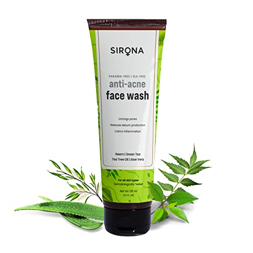 Sirona Anti Acne Face Wash for Men & Women – 125 ml with Neem, Green Tea, Tea Tree Oil & Aloe Vera | for Unclogs pores, Reduces sebum production & Calms inflammation