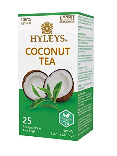 Hyleys Wellness Natural Coconut With Green Tea - 25 Tea Bags (Gmo Free, Gluten Free, Dairy Free, Sugar Free & 100% Natural)