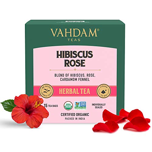VAHDAM, Hibiscus Rose Herbal Tea- 15 Tea Bags | 100% Natural Ingredients | Calming Hibiscus & Fragrant Rose- Certified Organic | Nourishing, Hydrating, Alleviates Stress, Promotes Better Sleep