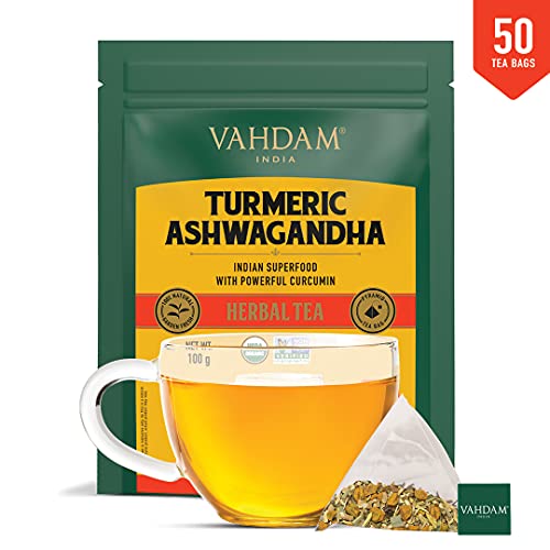 VAHDAM Organic Turmeric + Ashwagandha Herbal Tea | 50 Tea Bags of Immunity Tea | Certified USDA Organic | Pure Detox Tea