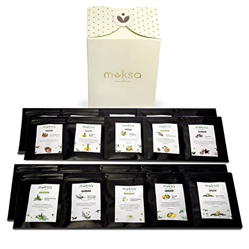 Moksa Assorted Tea Sampler Pack Luxurious Black, Green, Detox, Masala CTC, Peach, Chamomile, Herbal Biodegradable Pyramid Tea Bags Set of 20