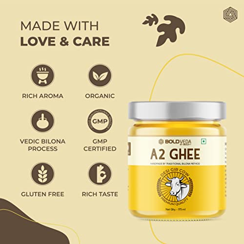 BOLDVEDA A2 Ghee - Desi Gir Cow Ghee Pure & Natural Hand Made by Traditional Bilona Method - Gluten Free with Rich Taste & Aroma -175 ml (BVA2GHEE175ML)