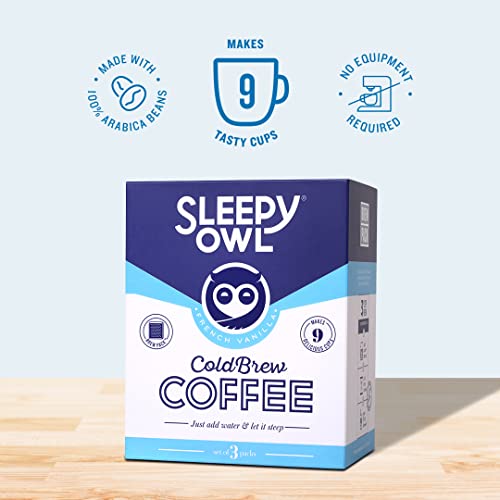 Sleepy Owl Coffee French Vanilla Cold Brew Packs | 3 Step Brew - No Equipment Required | Cold Brew Coffee | 100% Arabica Beans | Set of 3 Packs - Makes 9 Cups
