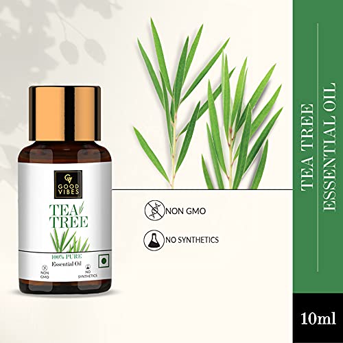 Good Vibes 100% Pure Tea Tree Essential Oil, 10 ml Controls Excess Sebum, Helps Reduce Dark Spots & Acne Scars, Stimulates Hair Growth, Suitable For All Skin & Hair Types, No Alcohol, Parabens & Sulphates