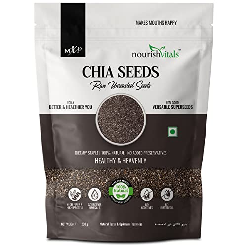 NourishVitals Chia Raw Unroasted Seeds, 200g - 100% Natural, No Added Preservatives, High Fiber, High Protein, Source of Omega-3