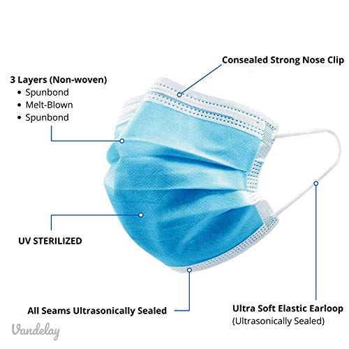 Vandelay 3 Ply Non-Woven Fabric Disposable Surgical Mask - BFE & PFE 99.5% - UV Sterilized - 3 Layer Face Masks (Blue, Without Valve, Pack of 50) for Unisex