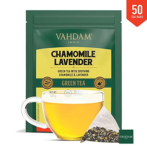 VAHDAM Organic Camomile Green Tea with Imported French Lavender Flowers - 50 Green Tea Bags | USDA Certified Chamomile Tea for Stress Relief and Good Sleep