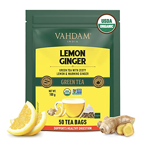 VAHDAM - Organic Ginger Lemon Vitamic C Rich Green Tea - 50 Tea Bags | 100% Natural | Certified Organic Detox Tea & Ginger Tea Aids Weight Loss