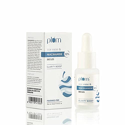 Plum 10% Niacinamide Face Serum with Rice Water | Vitamin B3 with Japanese Fermented Rice Water | For Clear, Blemish-Free, Bright Skin | Suits All Skin Types | Fragrance-Free | 15 ml