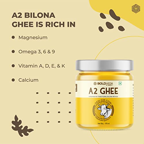 BOLDVEDA A2 Ghee - Desi Gir Cow Ghee Pure & Natural Hand Made by Traditional Bilona Method - Gluten Free with Rich Taste & Aroma -175 ml (BVA2GHEE175ML)