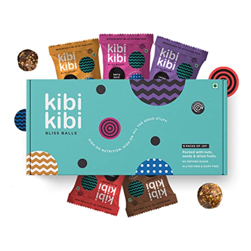 Kibi Kibi Bliss Balls Variety Box - Healthy Snack - Dates, Dried Fruit, Nuts & Seeds - Energy Balls - Khajoor Laddoo - No Added Sugar, Gluten Free & Dairy Free - Pack of 5 (5 x 30g)