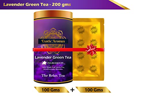Exotic Aromas Lavender Green Tea (200 G, serves 100 cups), 100 % Whole Leaf Green tea for stress relief, good sleep and relaxation