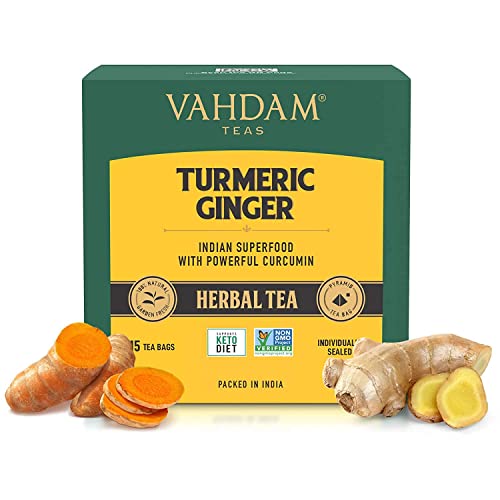 VAHDAM, Organic Turmeric + Ginger Tea | 15 Turmeric Herbal Tea Bags | Powerful Superfoods Blend