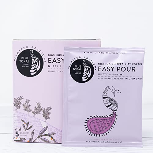 Blue Tokai Easy Pour Coffee Brew Bags (Medium Roast) | Monsoon Malabar | Nutty & Earthy | Pack of 5 | 100% Arabica Specialty Coffee | Just pour hot water