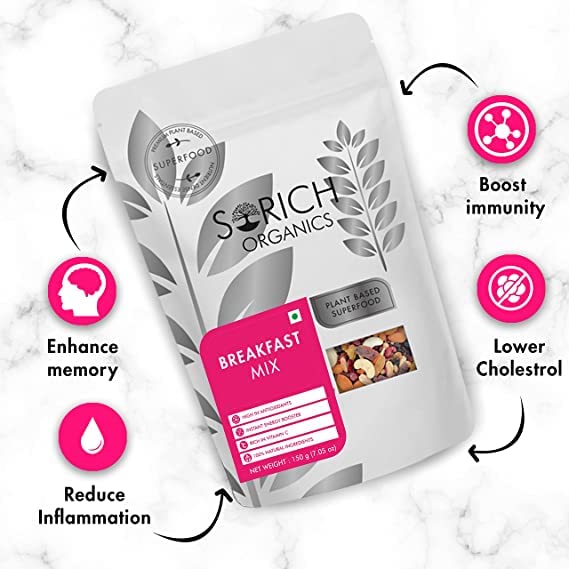 Sorich Organics Breakfast Mix - 300 Gm ( 150 Gm *2 ) - Roasted (Almond, Cashew, Pista, Soyanuts) Dried (Cranberry, Blueberry) & Many More | Dry fruits Mix | High Antioxidants | Rich in Protein | Energy Mix | Mix Berries | Dried Fruits | Evening Snacks