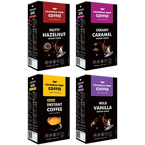 COLOMBIAN BREW COFFEE Hazelnut, Caramel, Vanilla and Pure Instant Coffee Powder, No Sugar Vegan, 4 X 50g