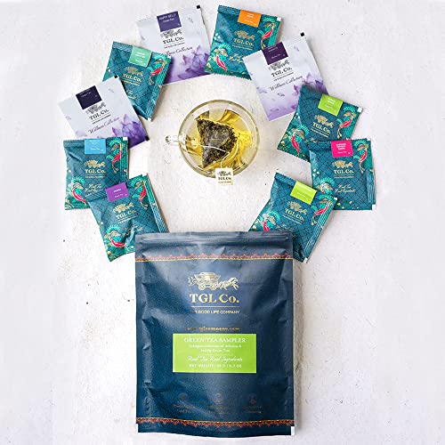 TGL Co. 100% Natural Immunity Boosting Green Tea Sampler Tea Gift, 10 Pyramid Tea Bags of 10 Different Exotic Flavors