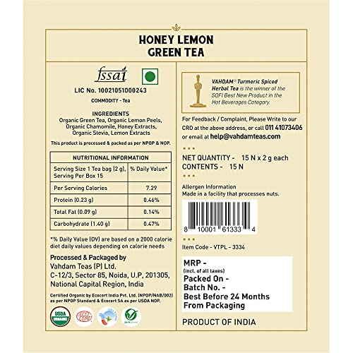 VAHDAM Organic Honey Lemon Tea (Vitamin C Fortified) - 15 Green Tea Bags | Green Tea with Tangy Lemon and Unprocessed Honey Flavour | USDA Certified