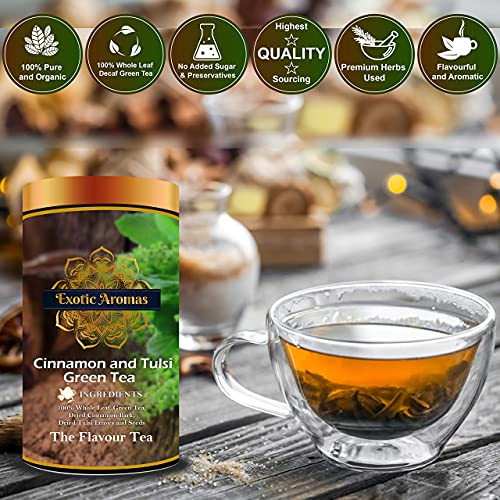 Exotic Aromas Cinnamon and Tulsi Green Tea (50 G, serves 25 cups), 100 % Whole Leaf Green tea with antioxident properties