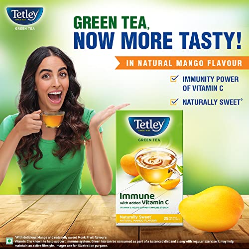Tetley Green Tea Immune with Added Vitamin C, Reviving Mango, 25 Tea Bags