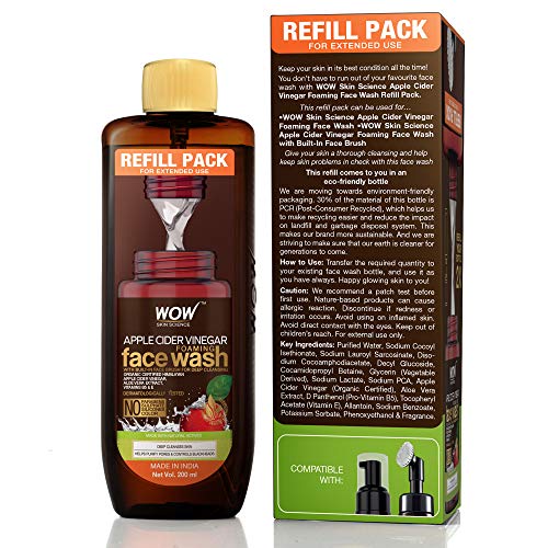 WOW Skin Science Apple Cider Vinegar Foaming Face Wash Refill Pack - with Organic Certified Himalayan Apple Cider Vinegar - For Extended Use - No Parabens, Sulphate, Silicones & Color - 200 ml