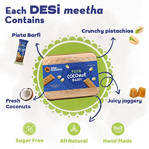 GO DESi - DESi Meetha Pista Coconut Barfi | 300 Grams | 25 Individually Wrapped Pieces | Dry Fruits Sweet | No Refined Sugar | Sweets Indian Mithai