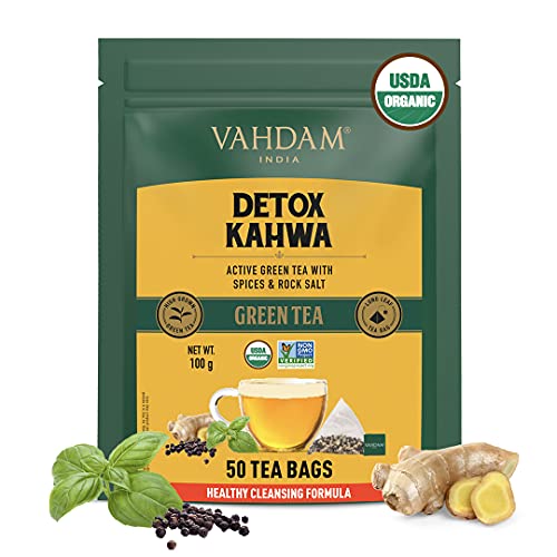 VAHDAM, Organic Detox Kahwa Green Tea- 50 Tea Bags (Cough & Cold Relief) | Real Ingredients (Black Pepper, Tulsi, Ginger, Clove, and Green Tea) | Ayurvedic Kahwa for Cold Relief