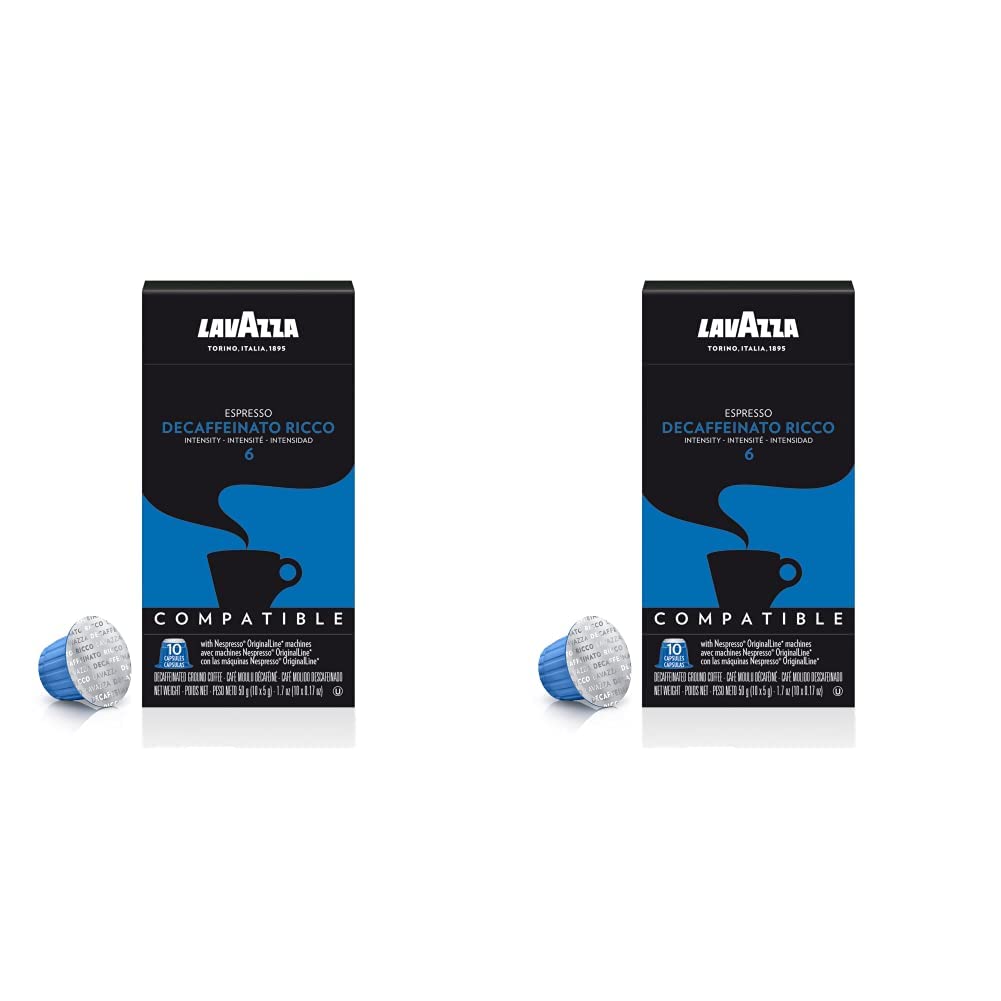 Lavazza Premium Coffee Corp Nespresso OriginalLine Compatible Capsules, Espresso Decaffeinato Ricco, Dark Roast Coffee, 10 Ct (Pack of 2)