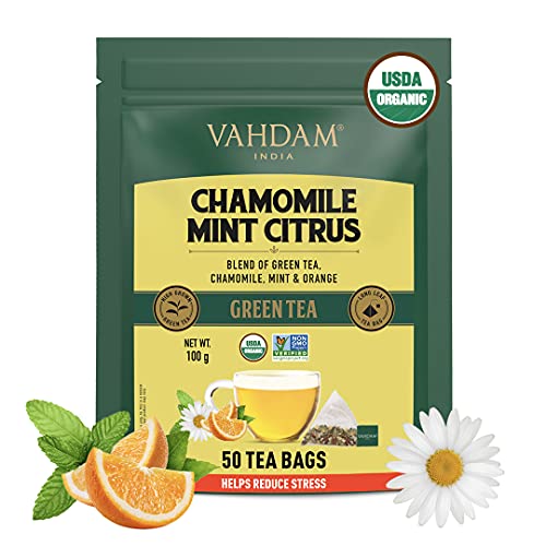 VAHDAM Organic Chamomile Green Tea with Mint & Citrus (50 Tea Bags) - USDA Certified Organic Chamomile Tea for Stress Relief and Good Sleep | 100% Whole Long Leaf, Pyramid Tea Bags