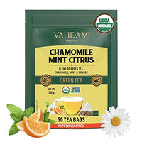 VAHDAM Organic Chamomile Green Tea with Mint & Citrus (50 Tea Bags) - USDA Certified Organic Chamomile Tea for Stress Relief and Good Sleep | 100% Whole Long Leaf, Pyramid Tea Bags
