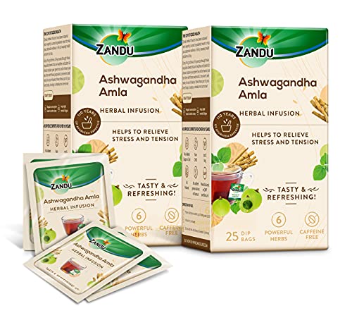 Zandu Ashwagandha Amla Ayurvedic Infusion, a Herbal Tea Enriched with 6 Ayurvedic Ingredients (Pack of 25 Tea Bags X 2)
