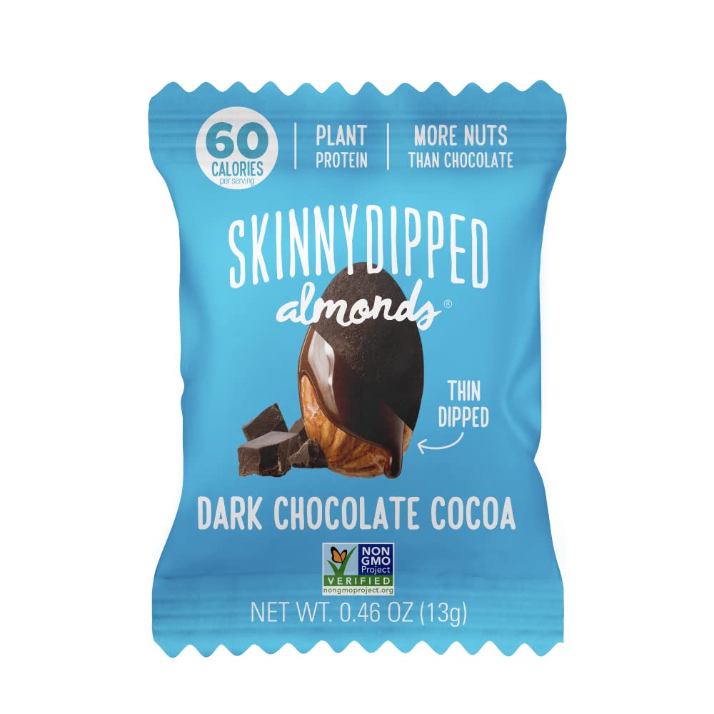 SkinnyDipped Dark Chocolate Cocoa Almonds, Healthy Snack, Plant Protein, Gluten Free, 0.46 oz Mini Bags, Pack of 24