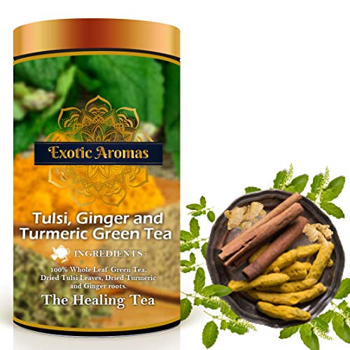 Exotic Aromas Turmeric, Tulsi & Ginger Green Tea (200G serves 100 cups), 100% Whole Leaf Green Tea for Health benefits