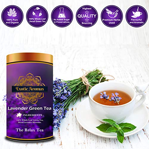 Exotic Aromas Lavender Green Tea (200 G, serves 100 cups), 100 % Whole Leaf Green tea for stress relief, good sleep and relaxation