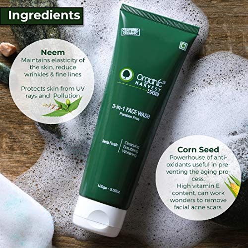 Organic Harvest 3 In 1 Premium Face Wash For Oily Skin | Cleanser For Women Daily Use With Benefits Of Cleansing + Scrubbing + Whitening | Paraben & Sulphate Free - 100gm