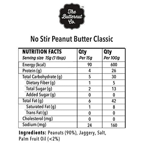 The Butternut Co. No stir Peanut Butter Classic (With Jaggery) Crunchy, 340 gm (No Added Sugar, Vegan, High Protein, Keto)