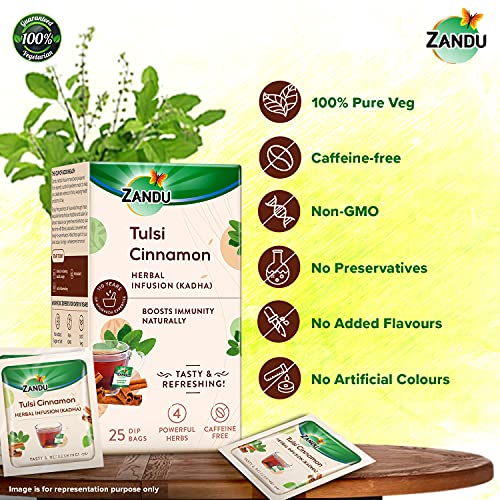 Zandu Tulsi Cinnamon Ayurvedic Infusion (Kadha) - 50 dip bags, Natural Immunity Booster Herbal Tea, Full of Anti-oxidants - (Pack of 25 Tea Bags X 2)