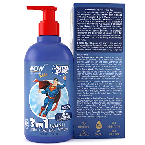 WOW Skin Science Kids 3 in 1 Wash - Shampoo + Conditioner + Body Wash - Blue Guardian Superman Edition - No Parabens, Color, Mineral Oil, Silicones & Sulphate - 300mL