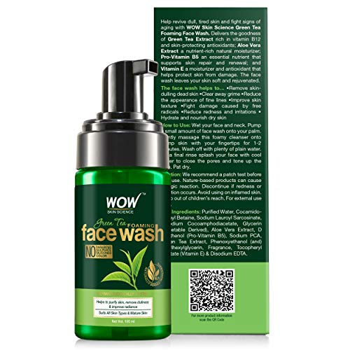 WOW Skin Science Green Tea Foaming Face Wash - With Green Tea & Aloe Vera Extract - For Purifying Skin, Improving Radiance - No Parabens, Sulphate, Silicones & Color - 100 ml