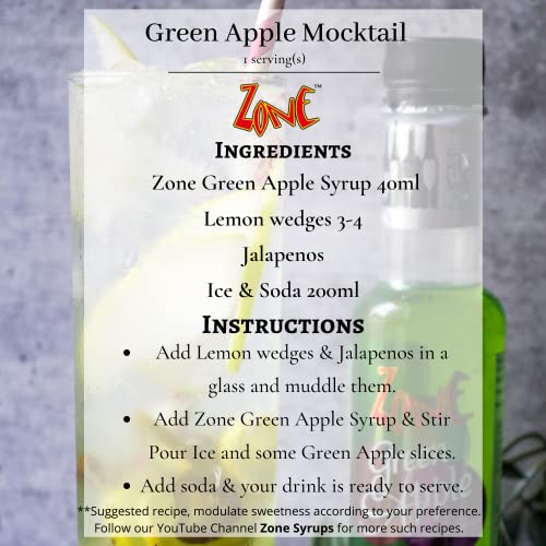 Zone Green Apple Flavoured Bar Syrup, 240ml Bottle | Suitable for Cocktails, Mocktail, Drinks, Juices, Beverages and More | Non Alchoholic Mix | 12 Flavours Available