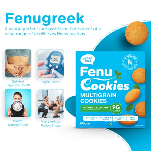 Nutrillion Fenu Cookies MultiGrain High Fiber Low GI Cookies - Tasty and Healthy Sugar-Free Snacks 200gm - Vitamin A,C | Calcium | Iron (Pack of 1)