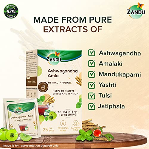 Zandu Ashwagandha Amla Ayurvedic Infusion, a Herbal Tea Enriched with 6 Ayurvedic Ingredients (Pack of 25 Tea Bags X 2)