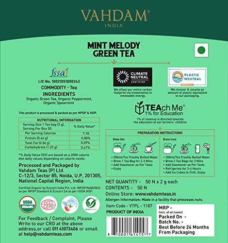 VAHDAM Organic Mint Tea 50 Tea Bags - Spearmint Tea and Peppermint Tea Blend | USDA Certified Organic Mint Green Tea Bags - for Refreshment and Energy All Day Long