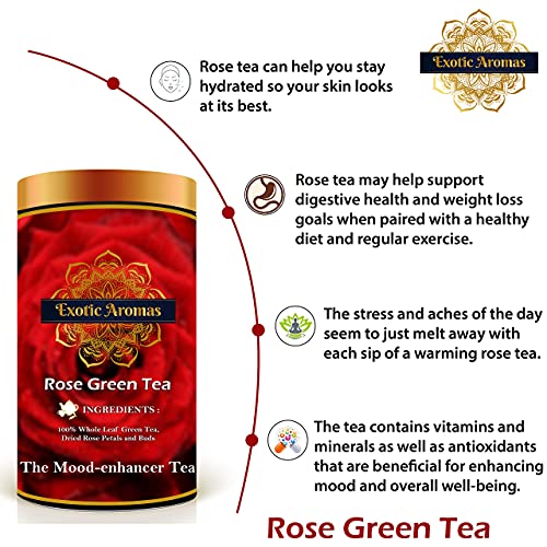 Exotic Aromas Rose Green Tea (50G Serves 25 cups), with rose petals for good skin, hair, soothes menstrual cramps and weightloss
